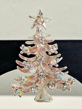 Vintage Christmas Tree Brooch Silver Tone White & AB Rhinestones Holiday Pin